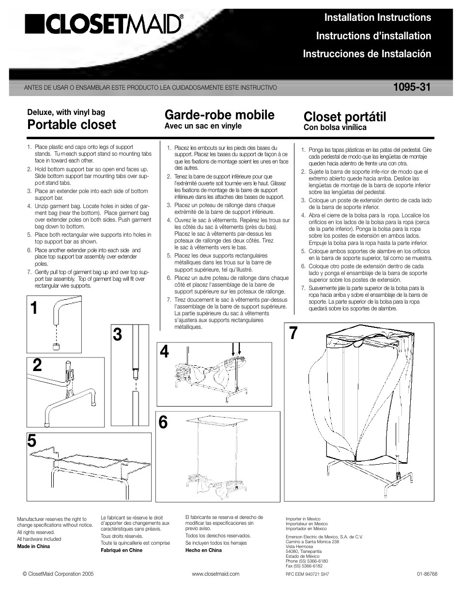 Closet Maid Portable Closet 1095-31 User Manual | 1 page