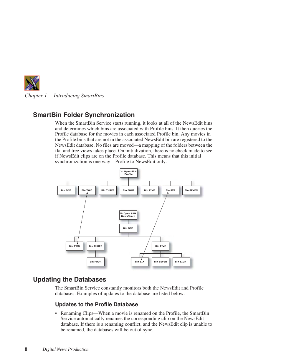 Smartbin folder synchronization, Updating the databases, Updates to the profile database | Chapter 1 introducing smartbins | Grass Valley SmartBins v.5.0 User Manual | Page 10 / 22