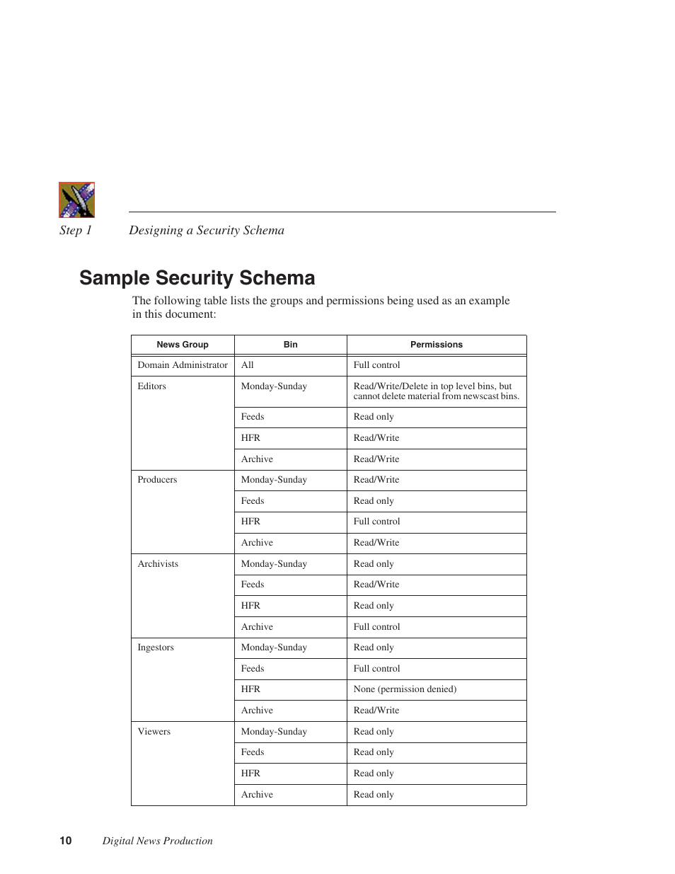 Sample security schema, Step 1, Designing a security schema | Grass Valley Open SAN Security v.5.1 User Manual | Page 12 / 56