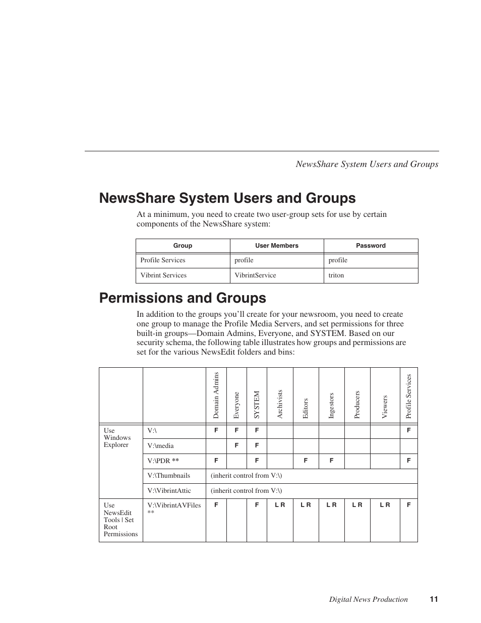 Newsshare system users and groups, Permissions and groups | Grass Valley Open SAN Security v.5.1 User Manual | Page 13 / 56