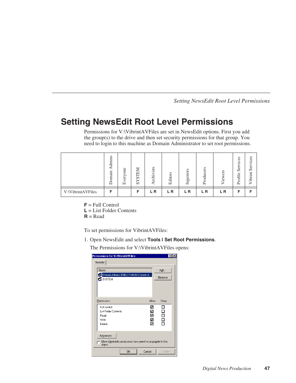 Setting newsedit root level permissions, Setting newsedit bin permissions | Grass Valley Open SAN Security v.5.1 User Manual | Page 49 / 56