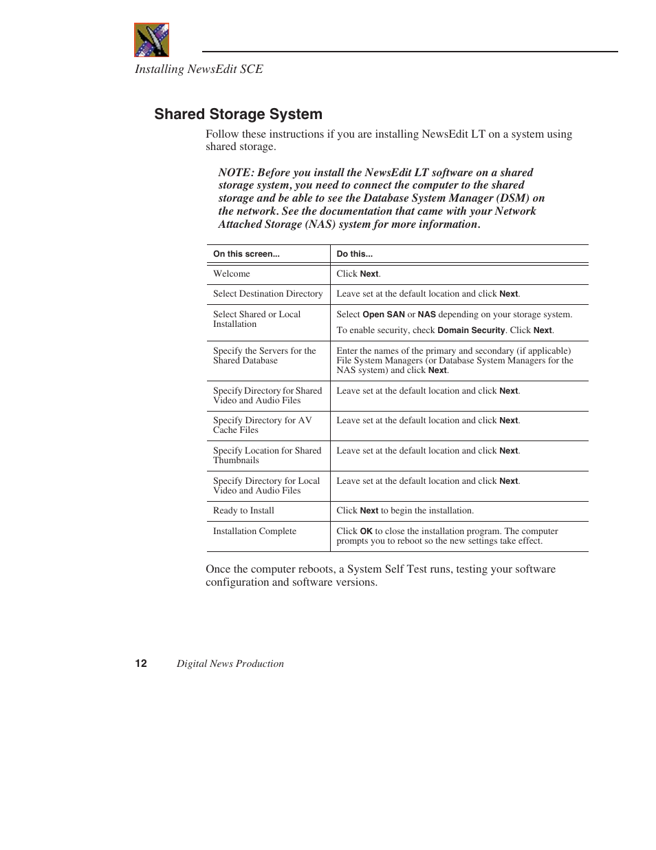 Shared storage system, Installing newsedit sce | Grass Valley NewsEdit LTS v.5.1 User Manual | Page 12 / 16