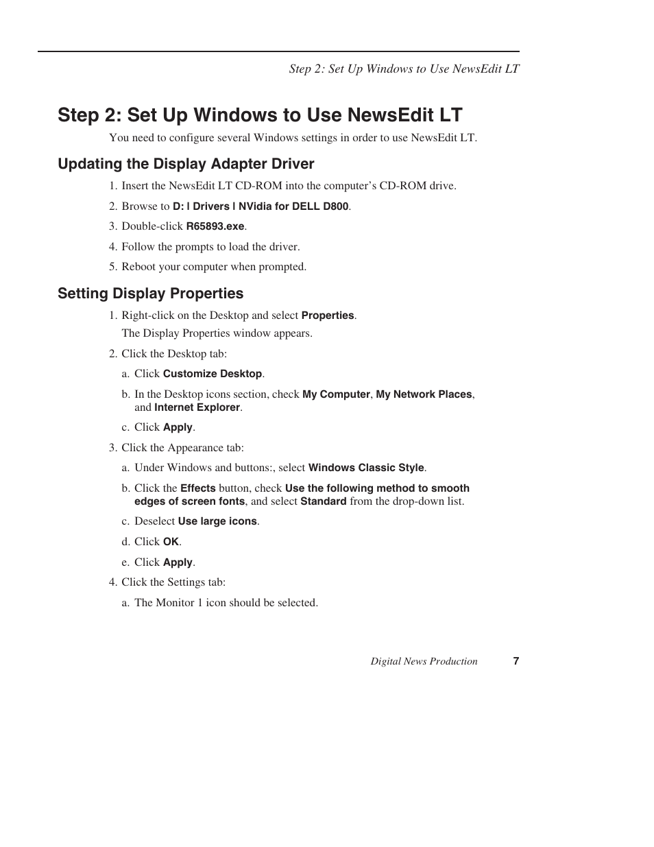 Step 2: set up windows to use newsedit lt, Updating the display adapter driver, Setting display properties | Grass Valley NewsEdit LTS v.5.1 User Manual | Page 7 / 16