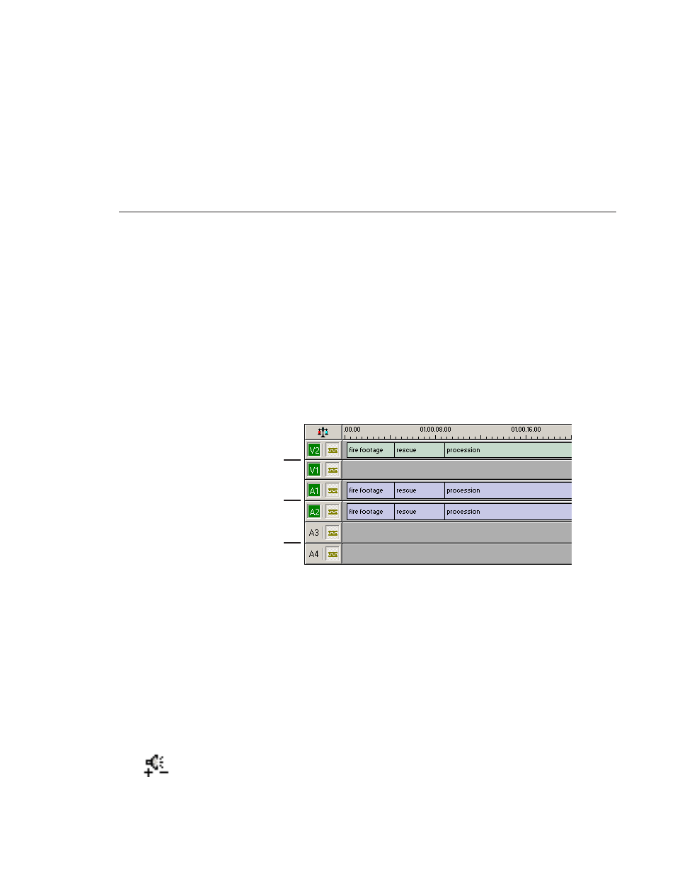 Selecting and deselecting tracks, Toggling tracks on the fly, Showing audio tracks | Toggling tracks on the fly showing audio tracks | Grass Valley NewsEdit LT v.4.1 User Manual | Page 73 / 186