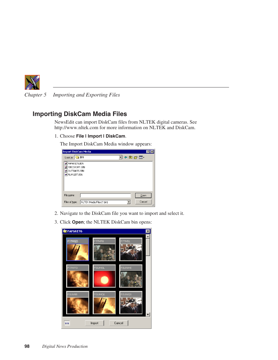 Importing diskcam media files | Grass Valley NewsEdit XT v.5.5 User Manual | Page 100 / 354