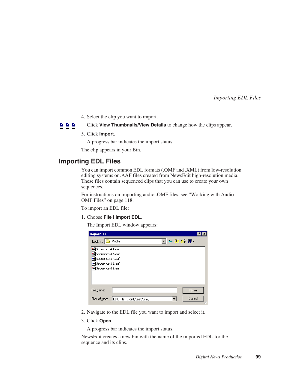 Importing edl files | Grass Valley NewsEdit XT v.5.5 User Manual | Page 101 / 354