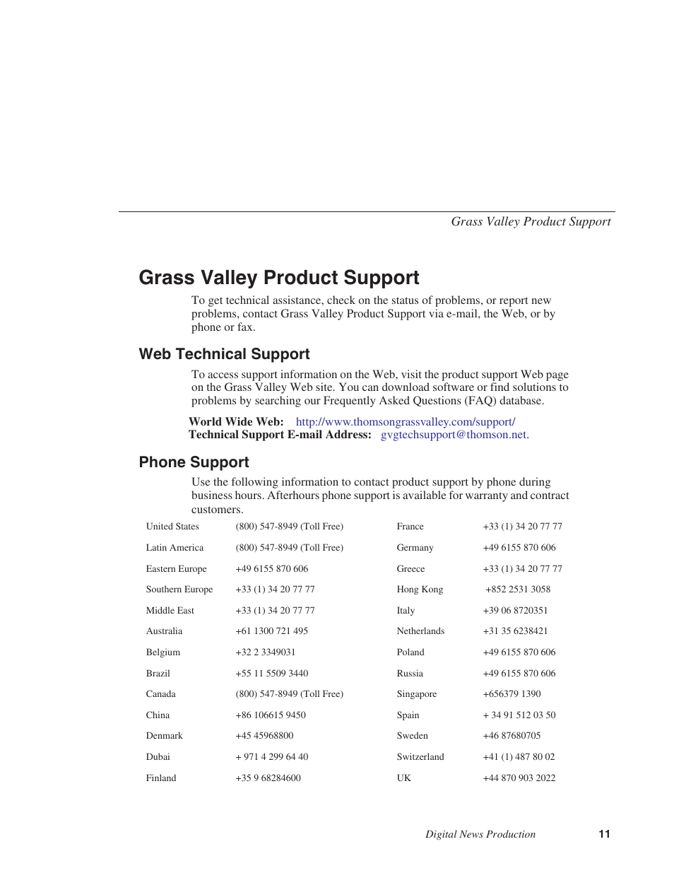 Grass valley product support, Web technical support, Phone support | Grass Valley NewsEdit XT v.5.5 User Manual | Page 13 / 354