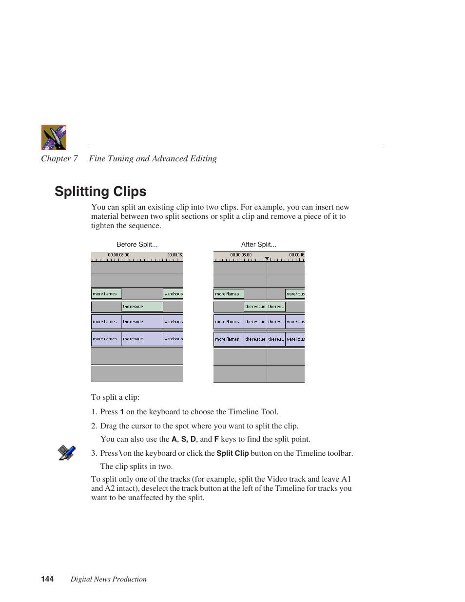 Splitting clips | Grass Valley NewsEdit XT v.5.5 User Manual | Page 146 / 354