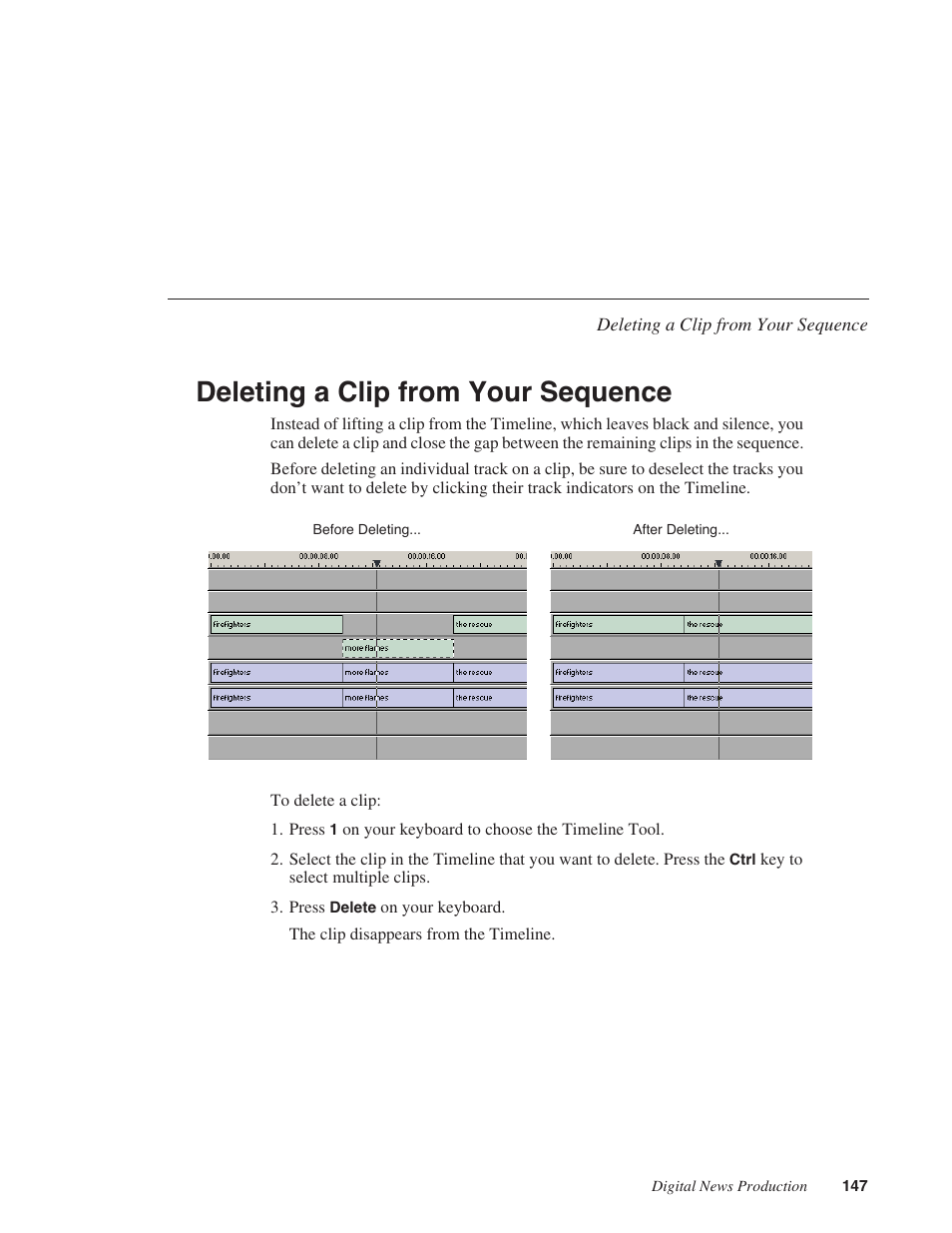 Deleting a clip from your sequence | Grass Valley NewsEdit XT v.5.5 User Manual | Page 149 / 354