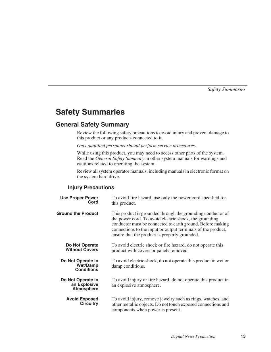 Safety summaries, General safety summary, Injury precautions | Grass Valley NewsEdit XT v.5.5 User Manual | Page 15 / 354