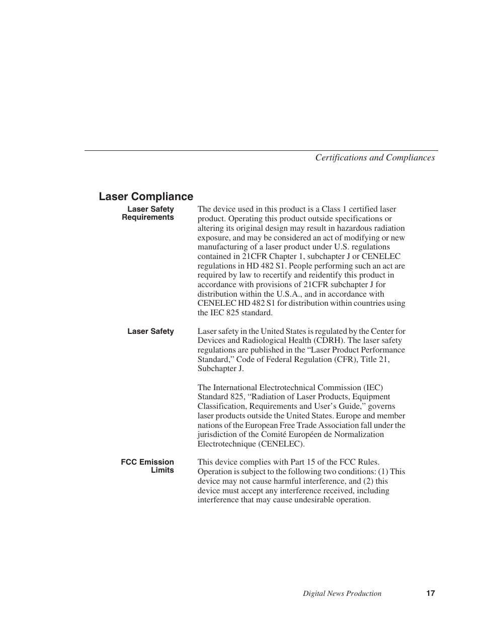 Laser compliance | Grass Valley NewsEdit XT v.5.5 User Manual | Page 19 / 354