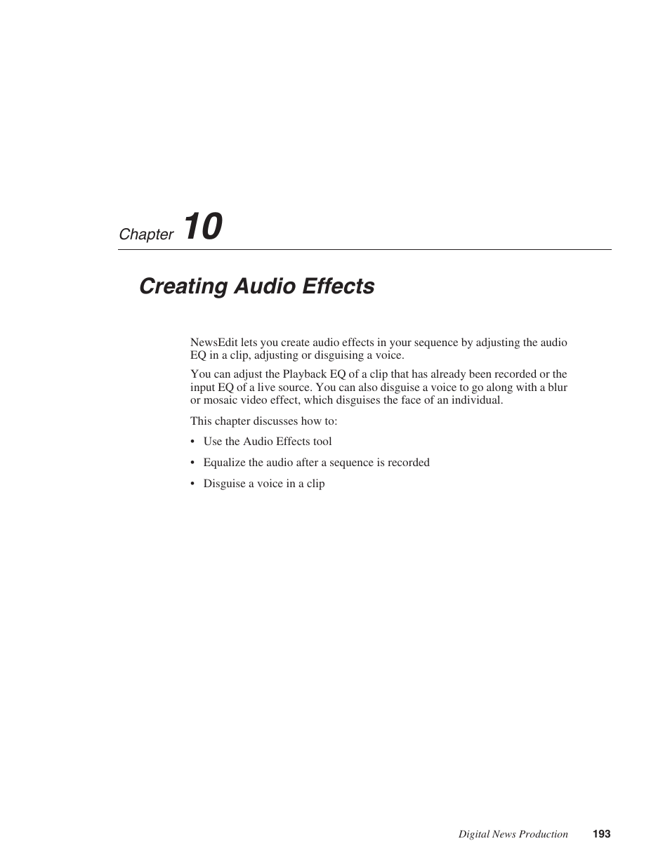 Chapter 10: creating audio effects, Chapter 10, Creating audio effects | Grass Valley NewsEdit XT v.5.5 User Manual | Page 195 / 354