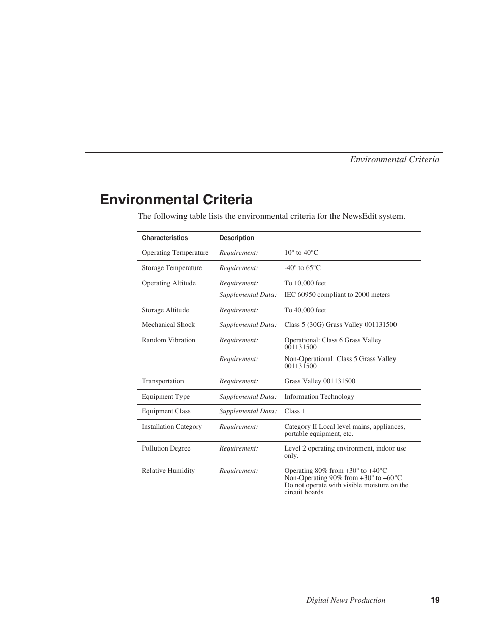 Environmental criteria | Grass Valley NewsEdit XT v.5.5 User Manual | Page 21 / 354