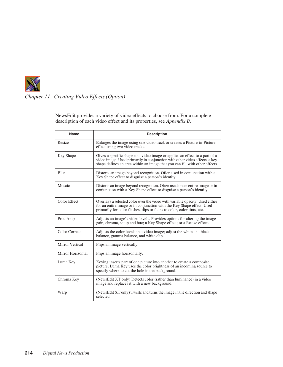 Chapter 11 creating video effects (option) | Grass Valley NewsEdit XT v.5.5 User Manual | Page 216 / 354