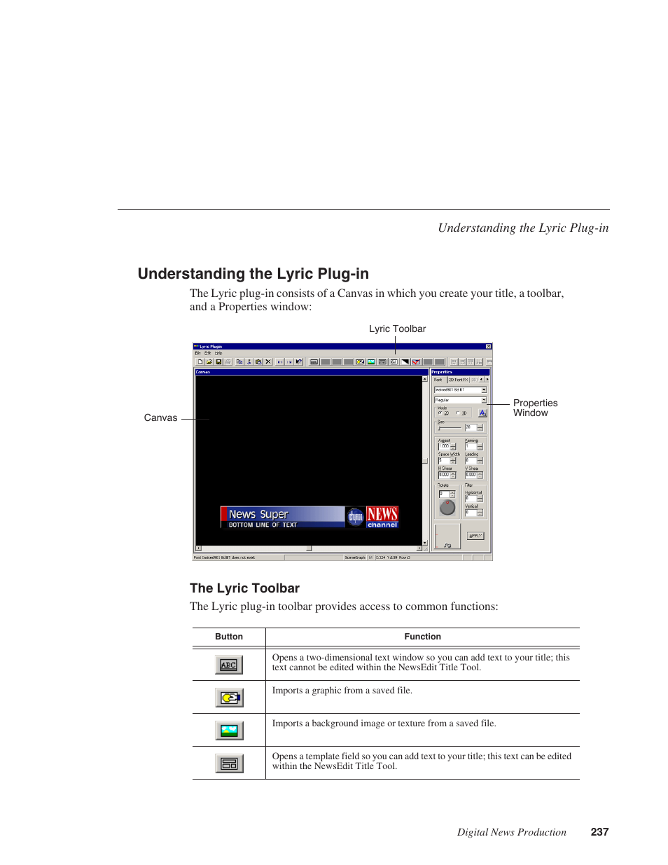 Understanding the lyric plug-in, The lyric toolbar | Grass Valley NewsEdit XT v.5.5 User Manual | Page 239 / 354