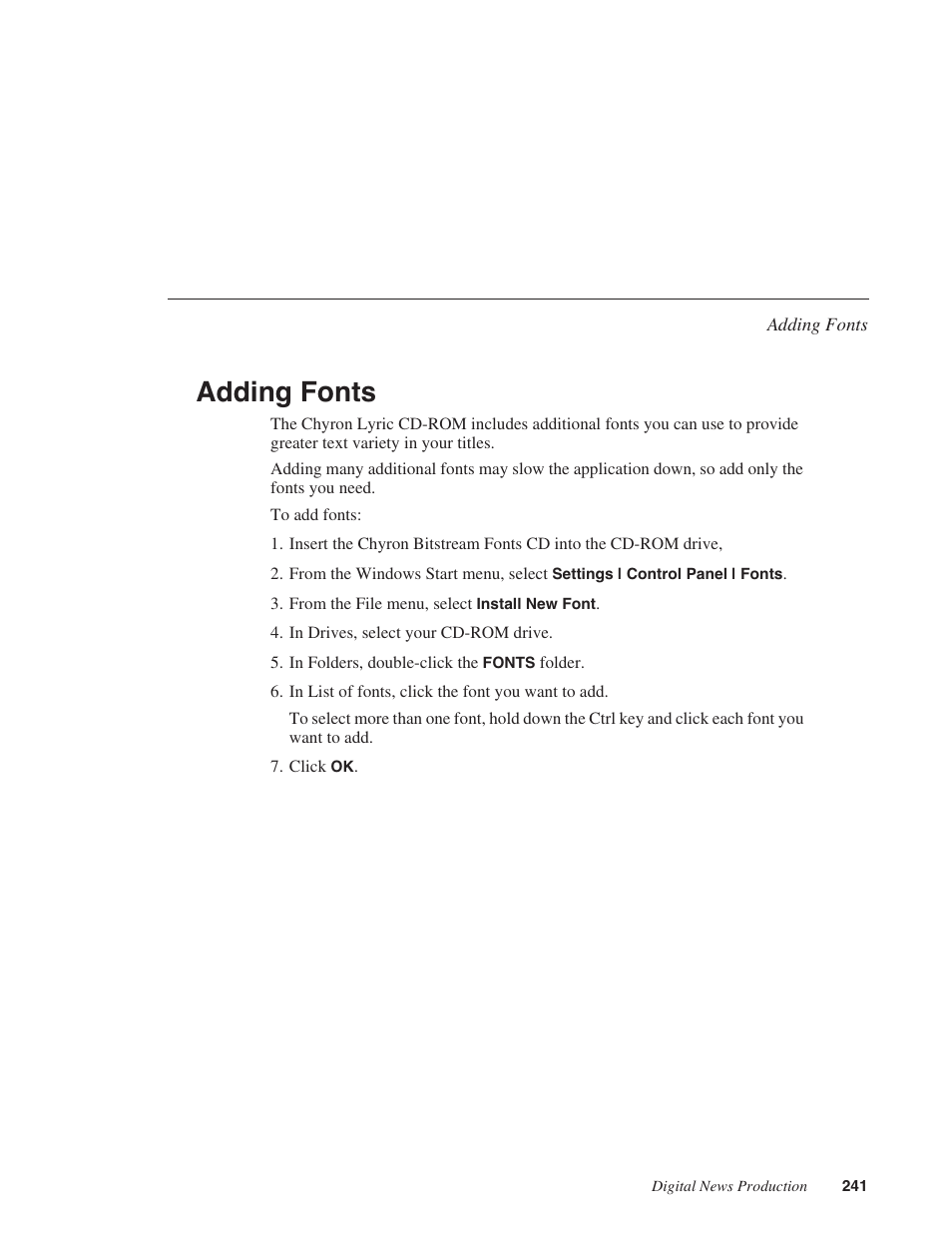 Adding fonts | Grass Valley NewsEdit XT v.5.5 User Manual | Page 243 / 354