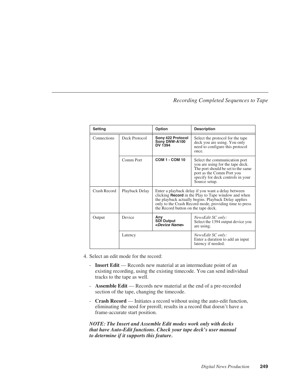 Recording completed sequences to tape | Grass Valley NewsEdit XT v.5.5 User Manual | Page 251 / 354