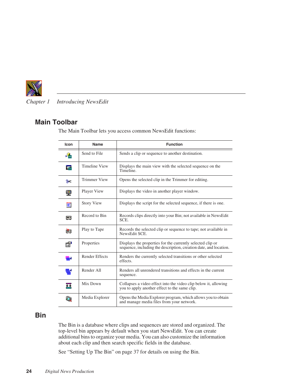 Main toolbar, Main toolbar bin | Grass Valley NewsEdit XT v.5.5 User Manual | Page 26 / 354