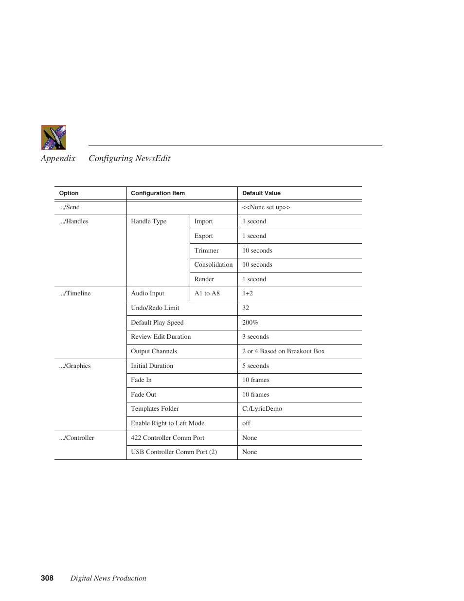 Appendix configuring newsedit | Grass Valley NewsEdit XT v.5.5 User Manual | Page 310 / 354