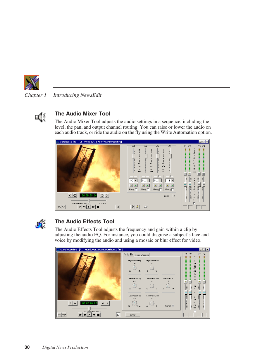 The audio mixer tool, The audio effects tool | Grass Valley NewsEdit XT v.5.5 User Manual | Page 32 / 354