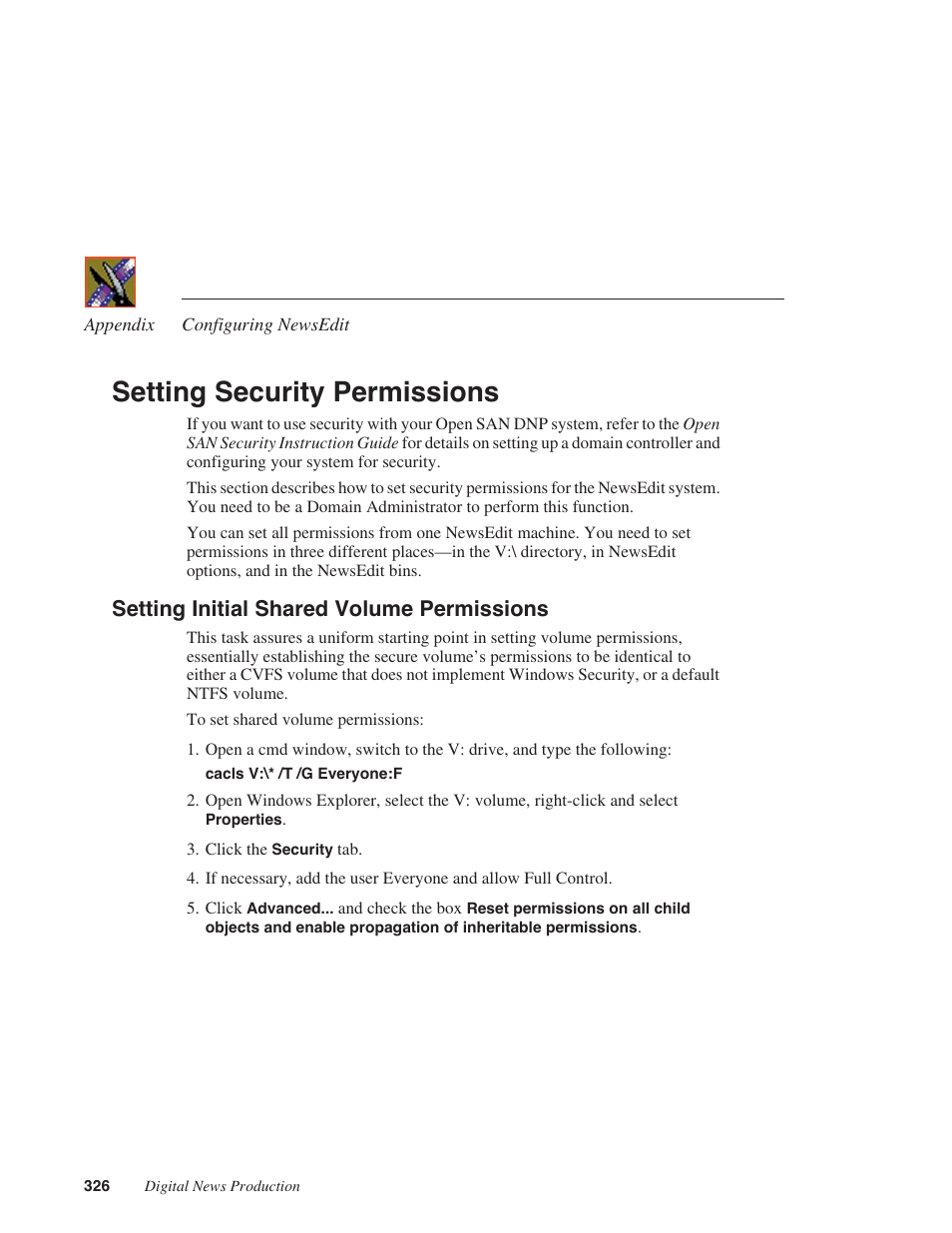 Setting security permissions, Setting initial shared volume permissions | Grass Valley NewsEdit XT v.5.5 User Manual | Page 328 / 354