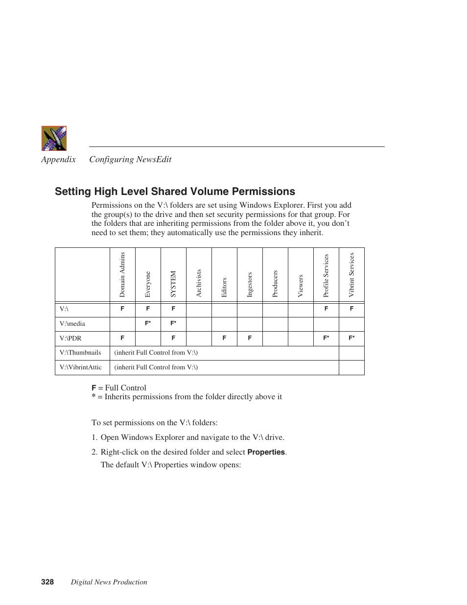 Setting high level shared volume permissions, Appendix configuring newsedit | Grass Valley NewsEdit XT v.5.5 User Manual | Page 330 / 354