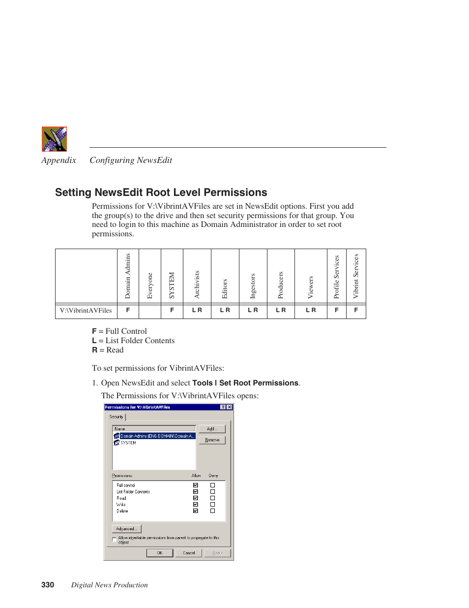 Setting newsedit root level permissions | Grass Valley NewsEdit XT v.5.5 User Manual | Page 332 / 354