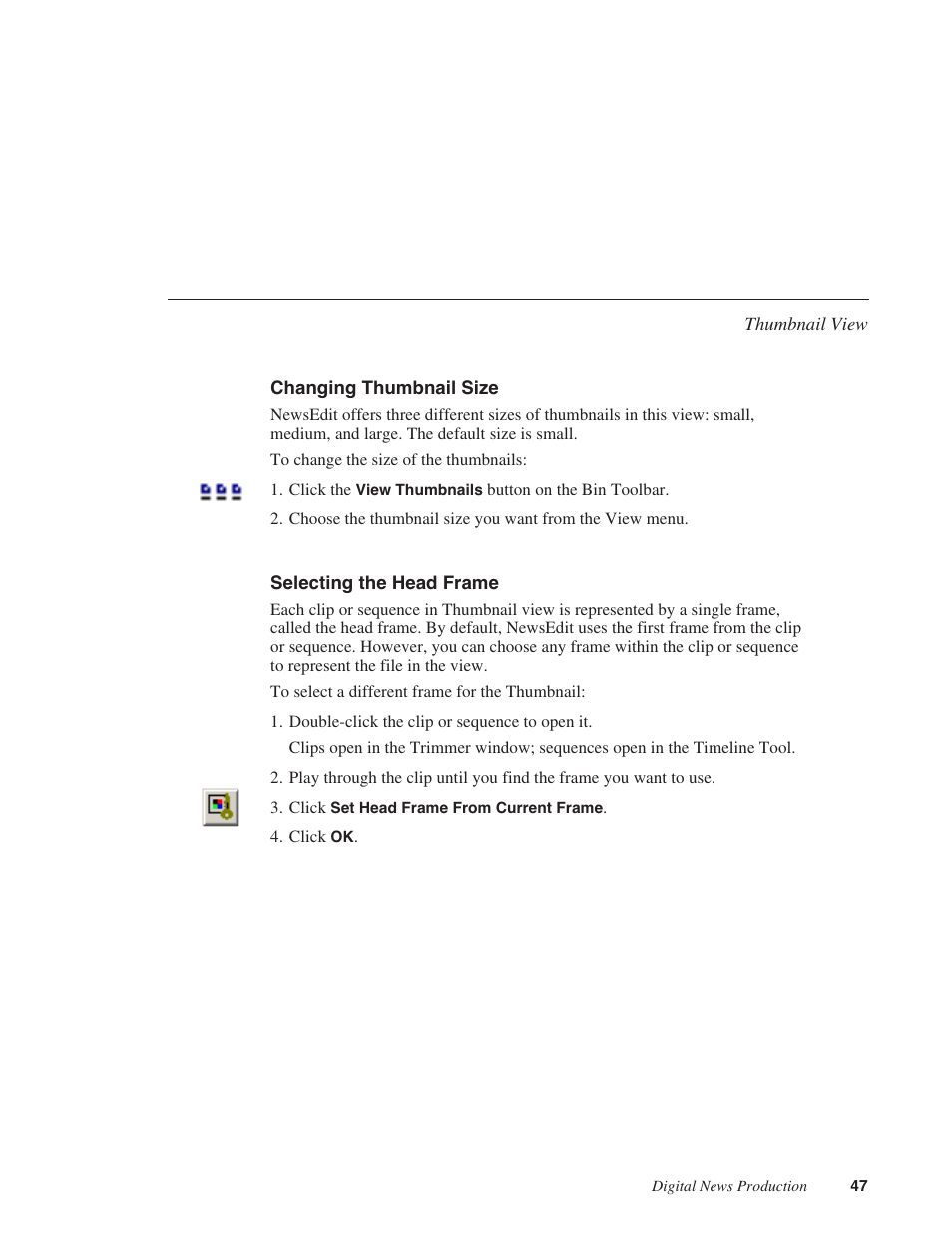 Changing thumbnail size, Selecting the head frame | Grass Valley NewsEdit XT v.5.5 User Manual | Page 49 / 354