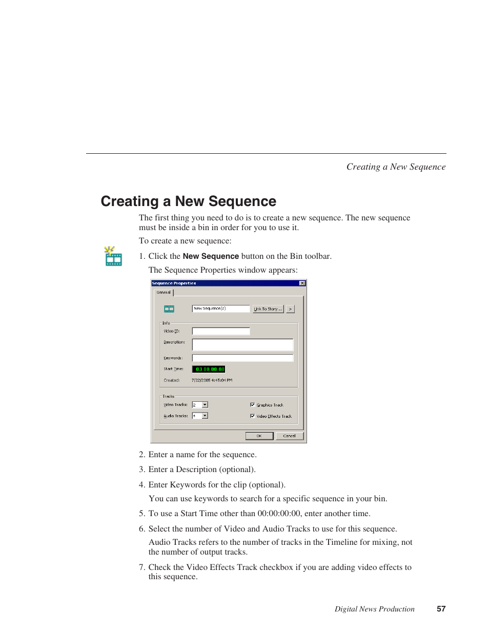 Creating a new sequence | Grass Valley NewsEdit XT v.5.5 User Manual | Page 59 / 354