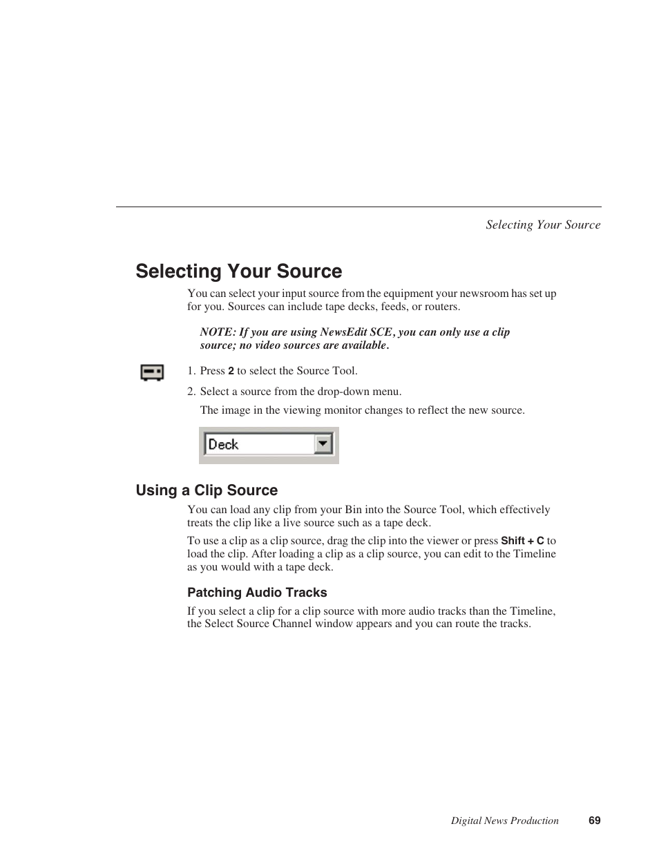Selecting your source, Using a clip source, Patching audio tracks | Grass Valley NewsEdit XT v.5.5 User Manual | Page 71 / 354