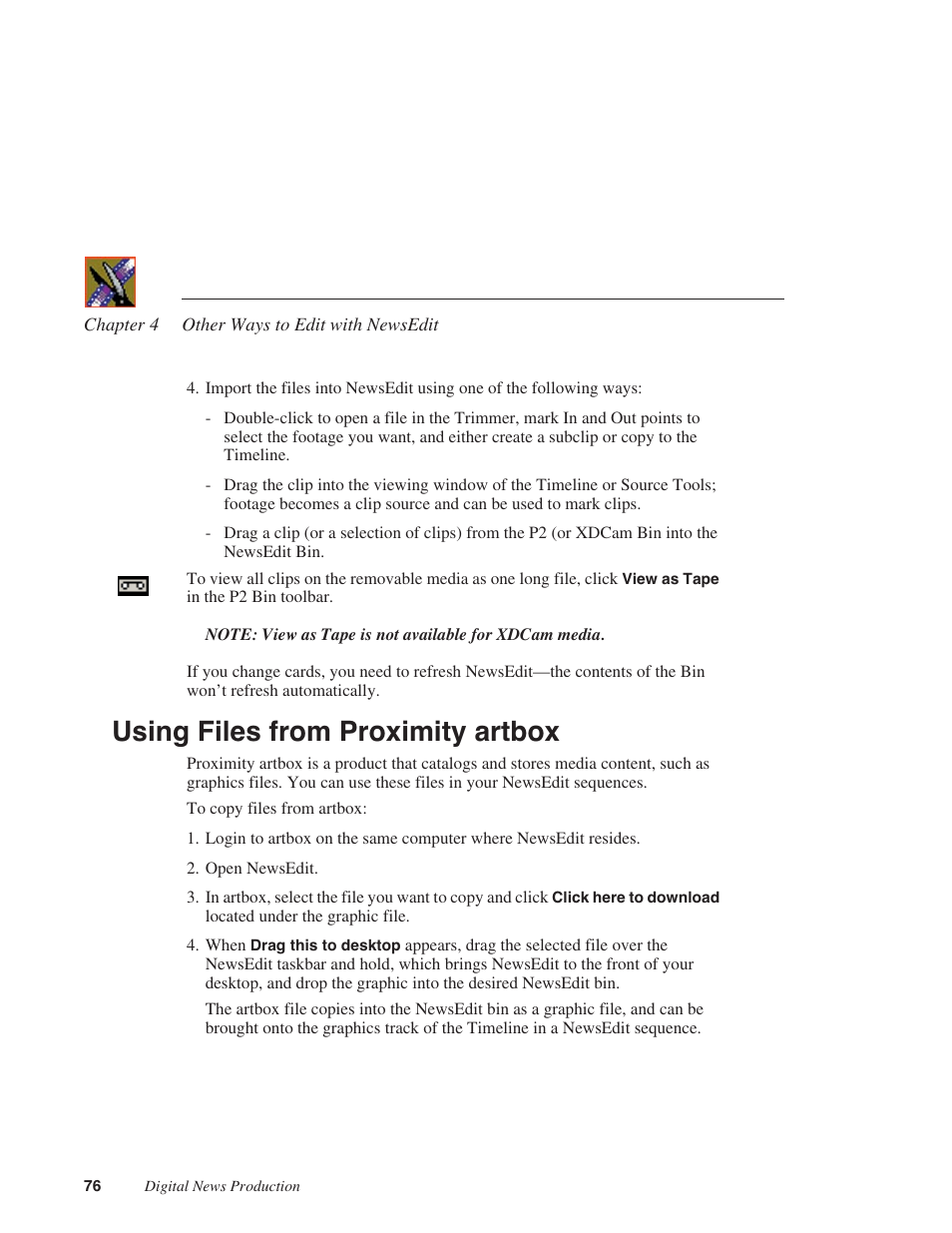 Using files from proximity artbox | Grass Valley NewsEdit XT v.5.5 User Manual | Page 78 / 354