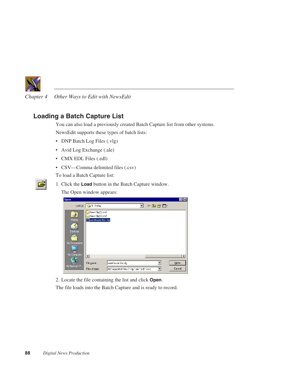Loading a batch capture list | Grass Valley NewsEdit XT v.5.5 User Manual | Page 90 / 354