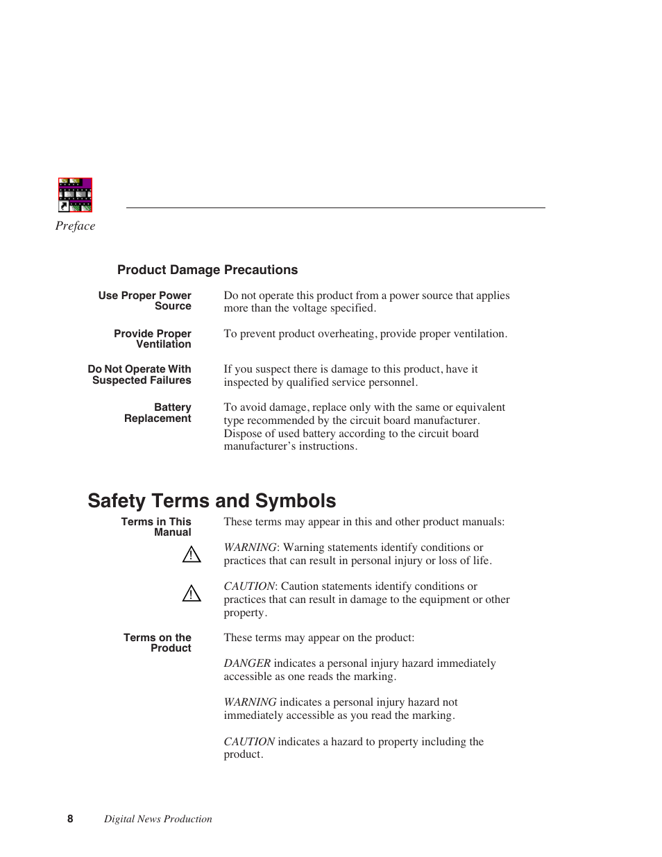 Product damage precautions, Safety terms and symbols | Grass Valley NewsQ v.5.5 User Manual | Page 10 / 100