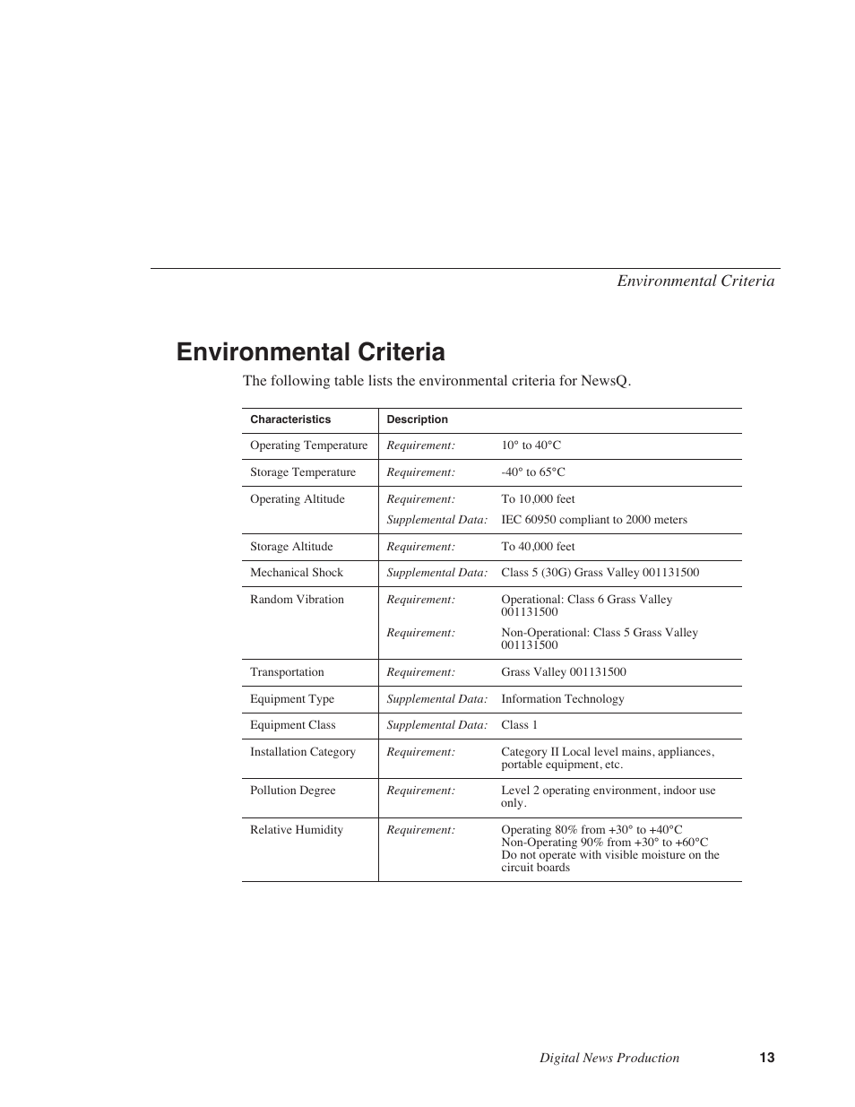 Environmental criteria | Grass Valley NewsQ v.5.5 User Manual | Page 15 / 100