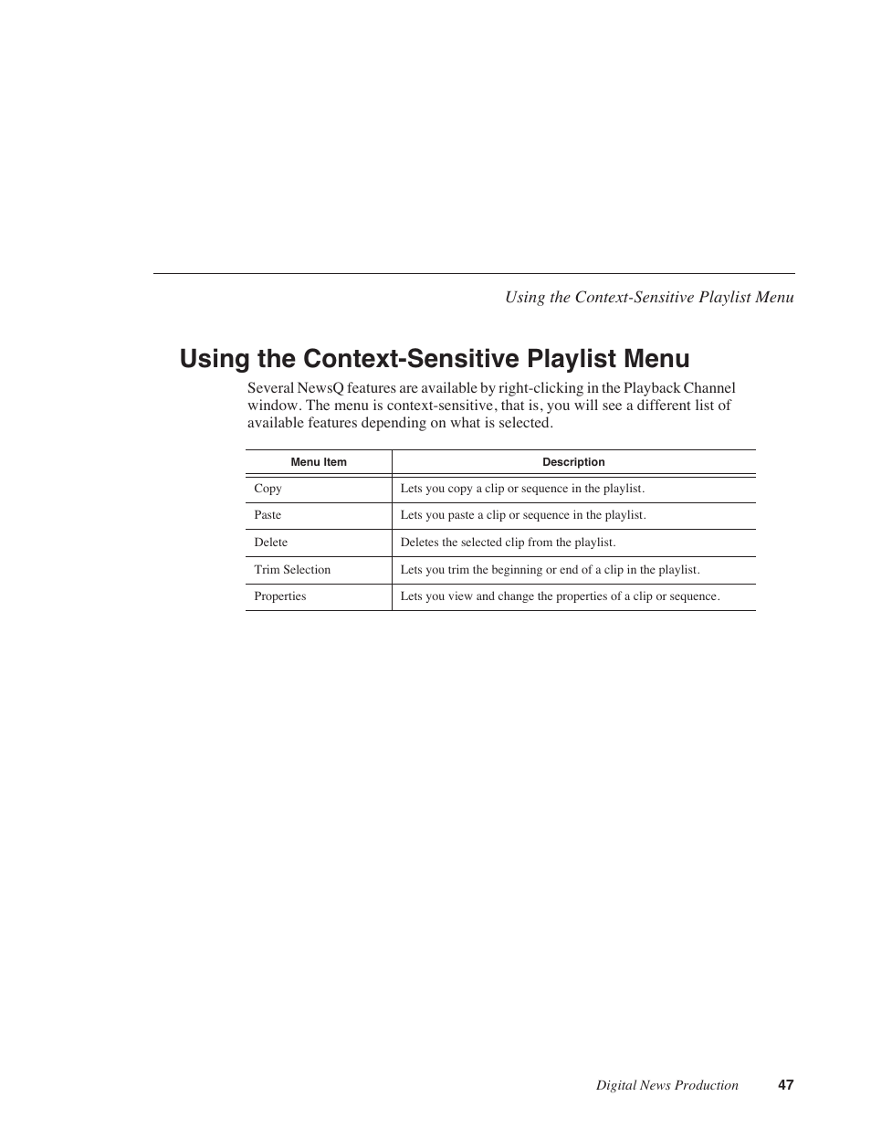 Using the context-sensitive playlist menu | Grass Valley NewsQ v.5.5 User Manual | Page 49 / 100