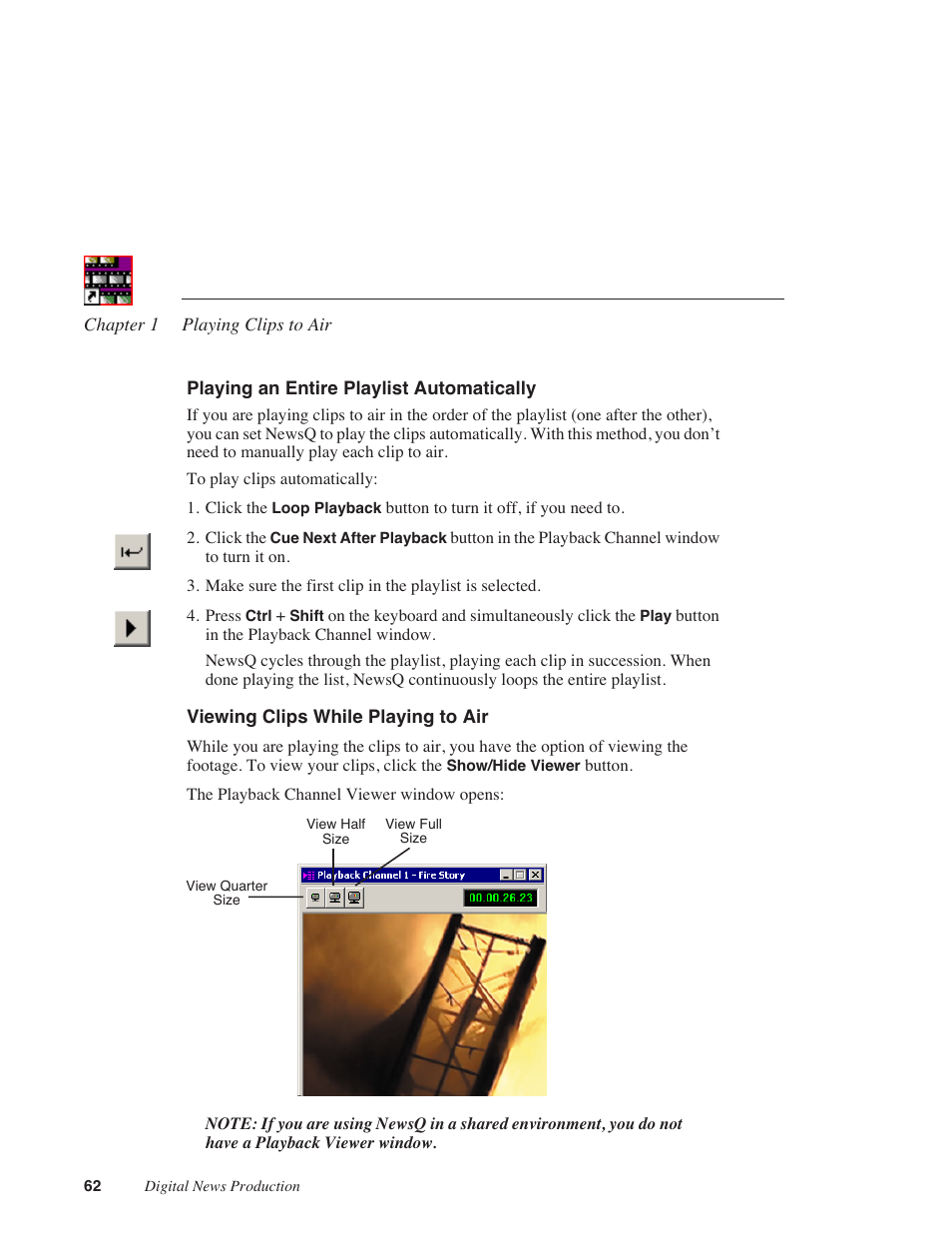 Playing an entire playlist automatically, Viewing clips while playing to air | Grass Valley NewsQ v.5.5 User Manual | Page 64 / 100