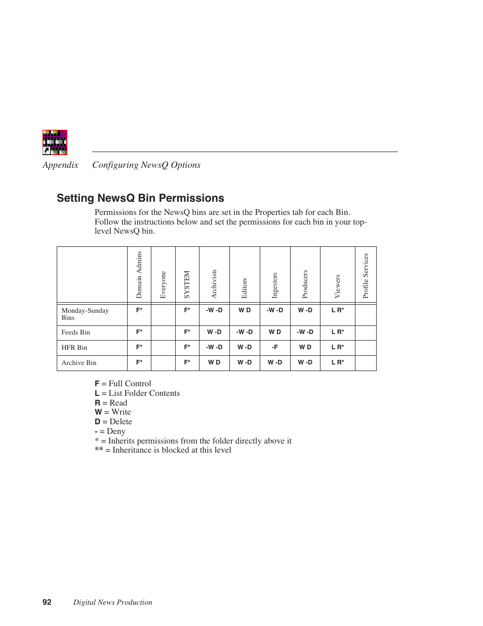 Setting newsq bin permissions, Appendix configuring newsq options | Grass Valley NewsQ v.5.5 User Manual | Page 94 / 100