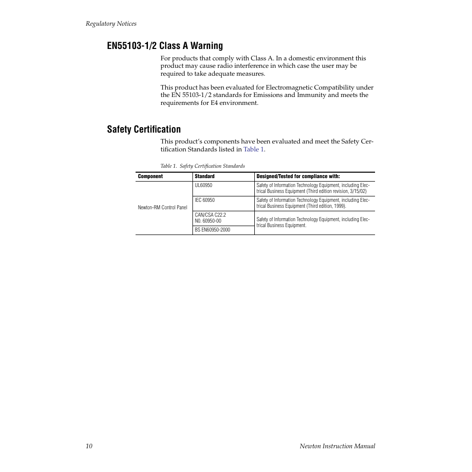 En55103-1/2 class a warning, Safety certification | Grass Valley Newton Modular Control System v.2.0 User Manual | Page 10 / 118