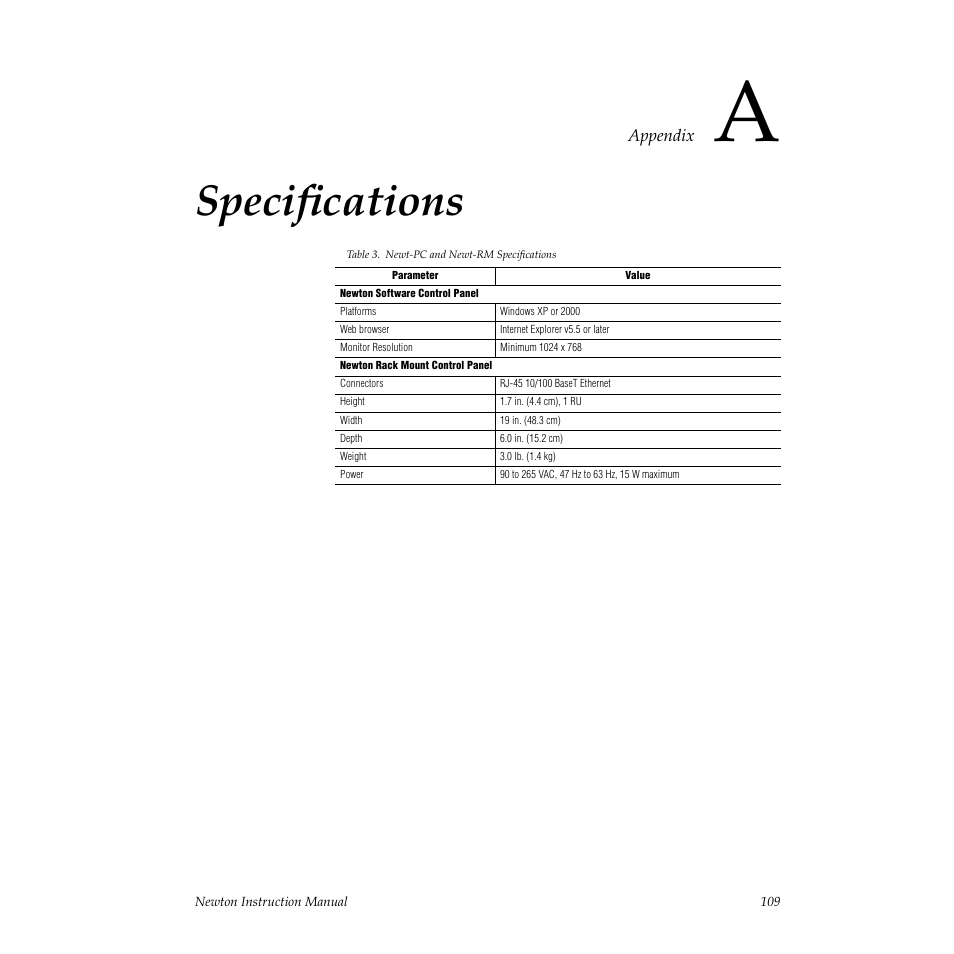 Specifications, Appendix a — specifications, Speciþcations | Grass Valley Newton Modular Control System v.2.0 User Manual | Page 109 / 118