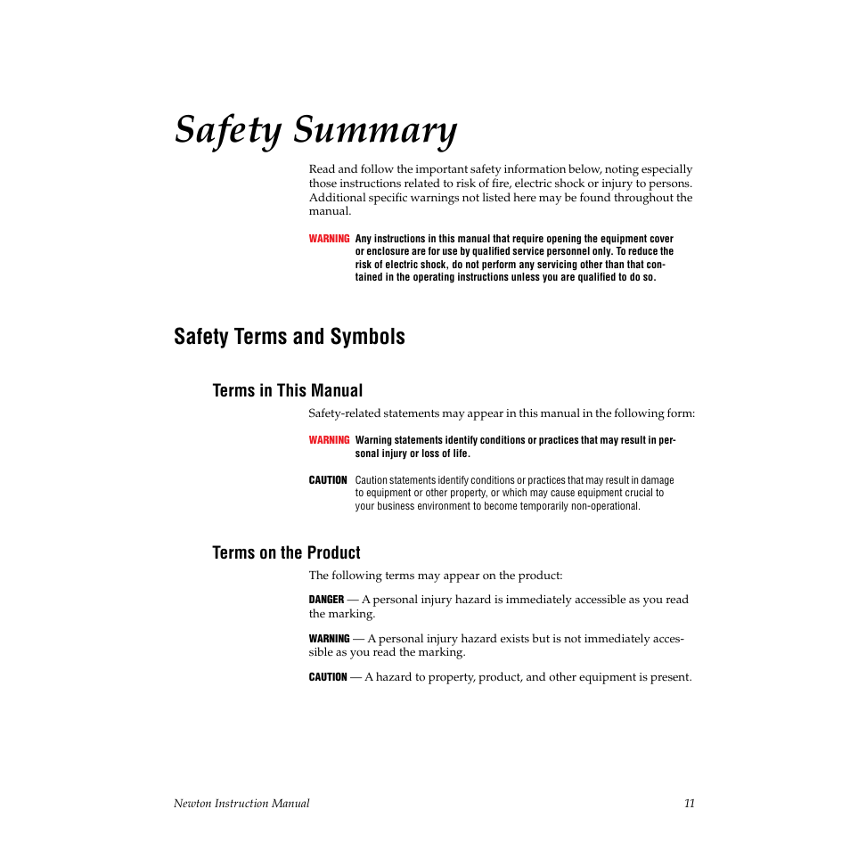 Safety terms and symbols, Terms in this manual, Terms on the product | Safety summary | Grass Valley Newton Modular Control System v.2.0 User Manual | Page 11 / 118