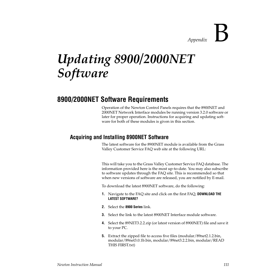 Updating 8900/2000net software, 8900/2000net software requirements, Acquiring and installing 8900net software | Appendix b — updating 8900/2000net software, Appendix b-updating 8900/2000net software | Grass Valley Newton Modular Control System v.2.0 User Manual | Page 111 / 118