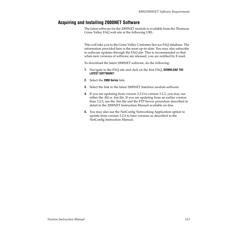 Acquiring and installing 2000net software | Grass Valley Newton Modular Control System v.2.0 User Manual | Page 113 / 118
