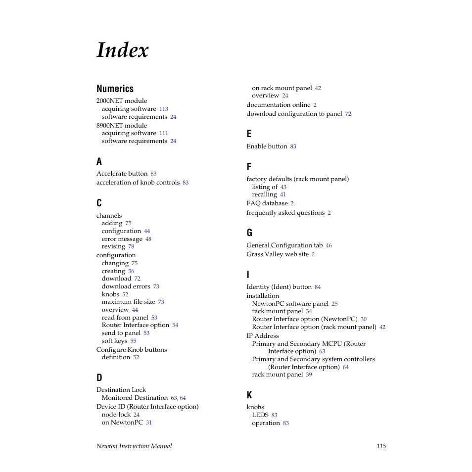 Index, Numerics | Grass Valley Newton Modular Control System v.2.0 User Manual | Page 115 / 118
