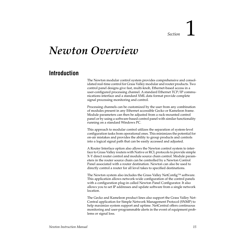 Newton overview, Introduction, Section 1 — newton overview | Grass Valley Newton Modular Control System v.2.0 User Manual | Page 15 / 118