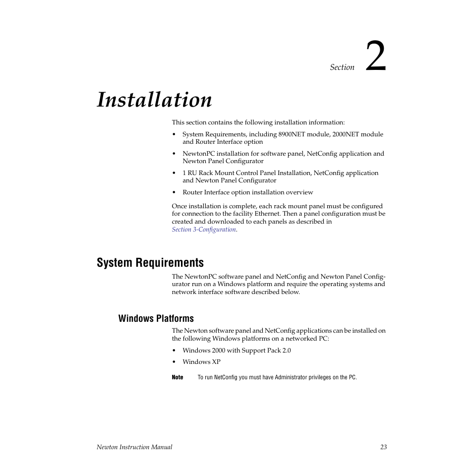 Installation, System requirements, Windows platforms | Section 2 — installation | Grass Valley Newton Modular Control System v.2.0 User Manual | Page 23 / 118