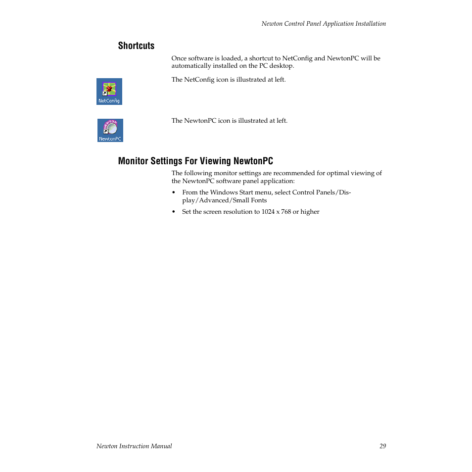 Shortcuts, Monitor settings for viewing newtonpc | Grass Valley Newton Modular Control System v.2.0 User Manual | Page 29 / 118