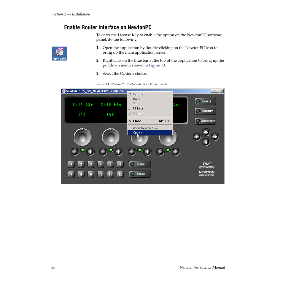 Enable router interface on newtonpc | Grass Valley Newton Modular Control System v.2.0 User Manual | Page 30 / 118