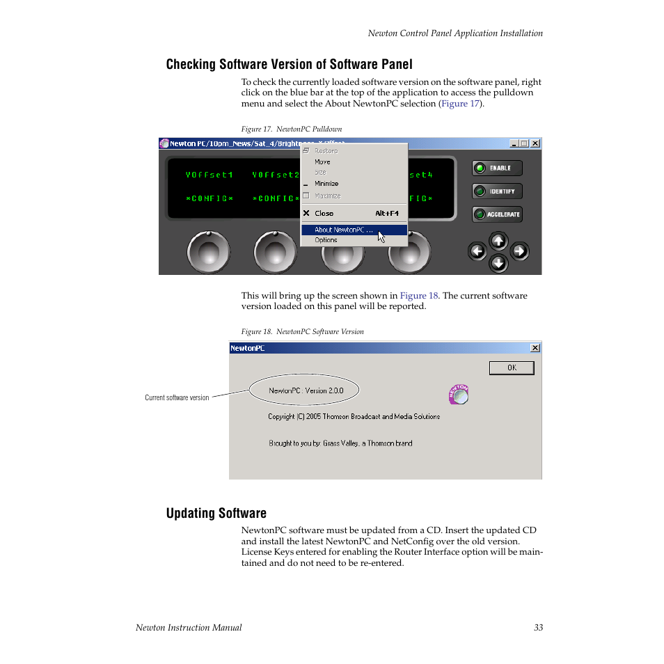 Checking software version of software panel, Updating software | Grass Valley Newton Modular Control System v.2.0 User Manual | Page 33 / 118