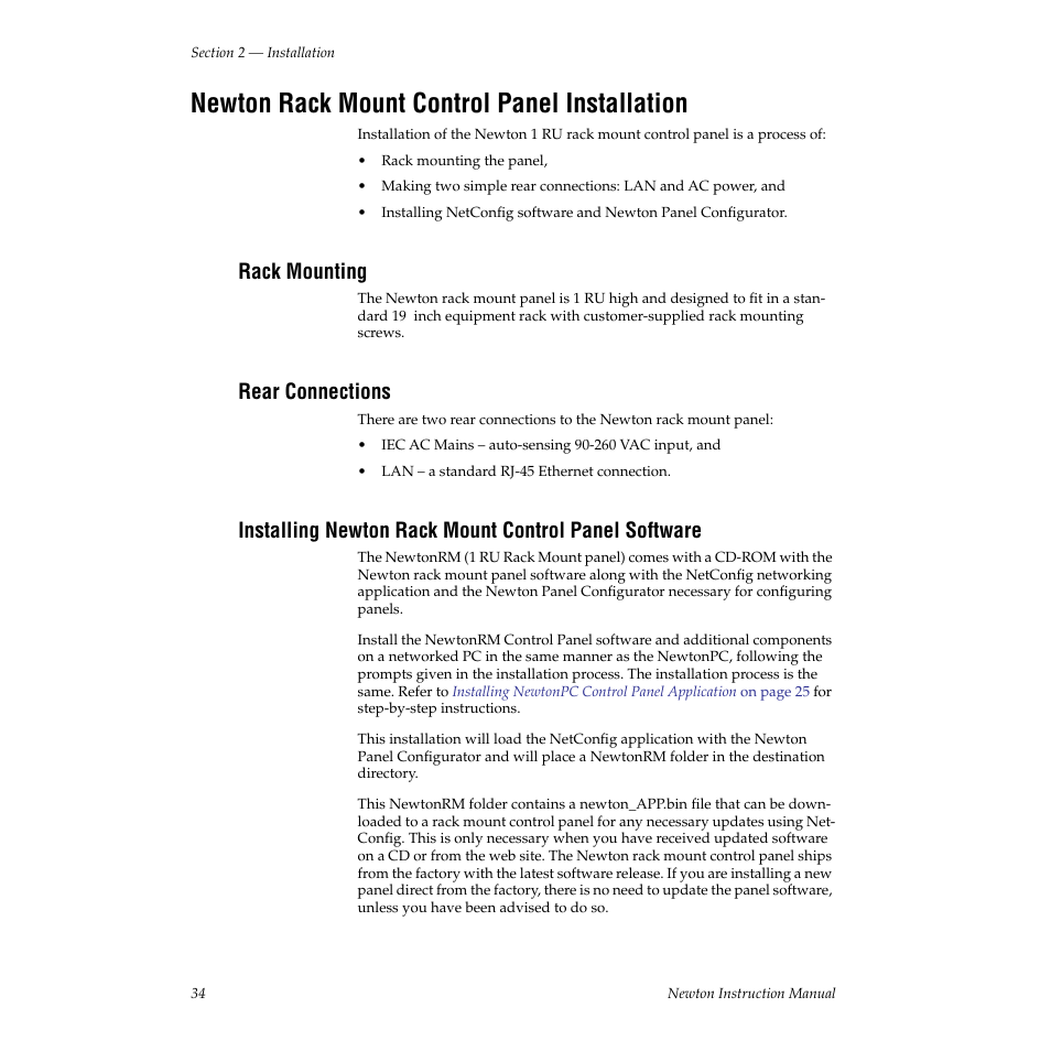Newton rack mount control panel installation, Rack mounting, Rear connections | Grass Valley Newton Modular Control System v.2.0 User Manual | Page 34 / 118
