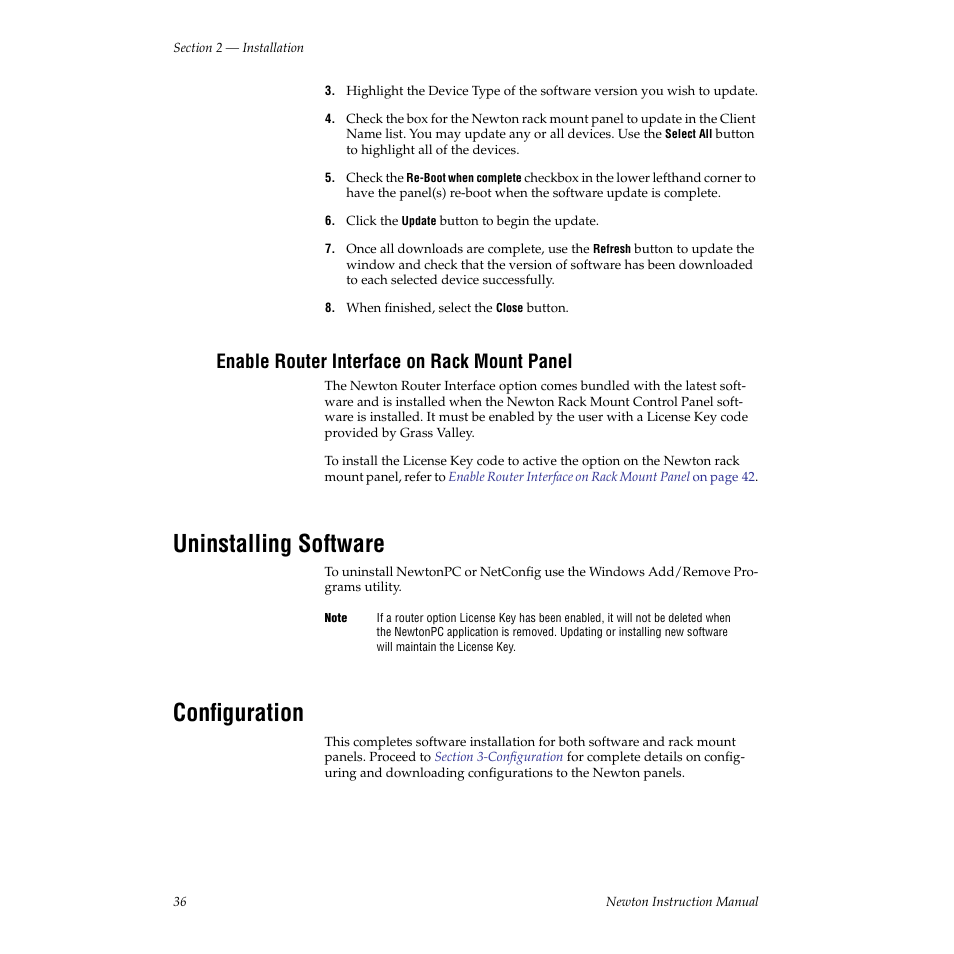Enable router interface on rack mount panel, Uninstalling software, Configuration | Grass Valley Newton Modular Control System v.2.0 User Manual | Page 36 / 118